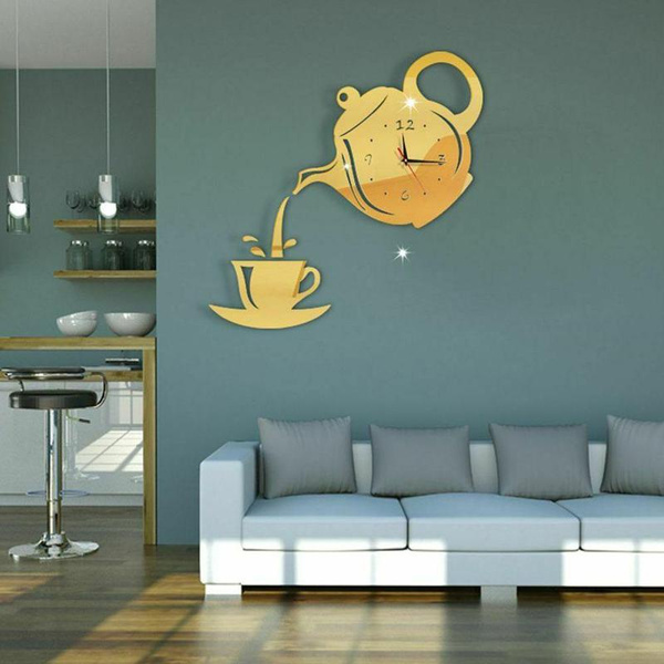 Self-adhesive Acrylic Coffee Cup Teapot Wall Clock/ 3D Wall Stickers Clock Creative Decorative/ Kitchen  Living Room Dining Room Home Decor Clock