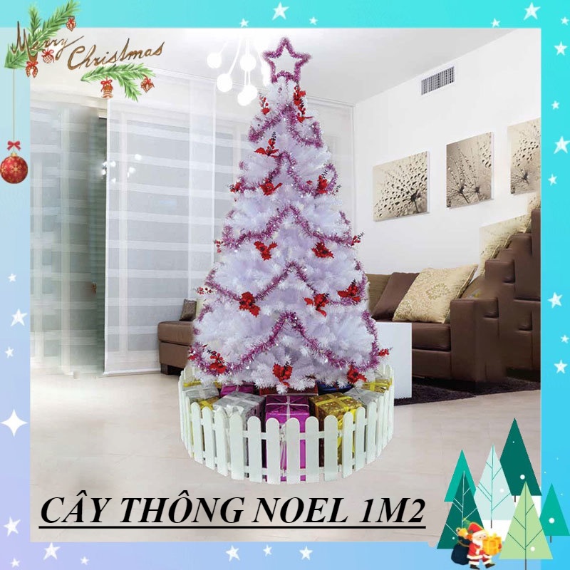 Cây thông noel 1m2 màu trắng gắn trái đỏ 2 in - cây thông noel đầu tròn đẹp trang trí giáng sinh trong nhà ngoài trời