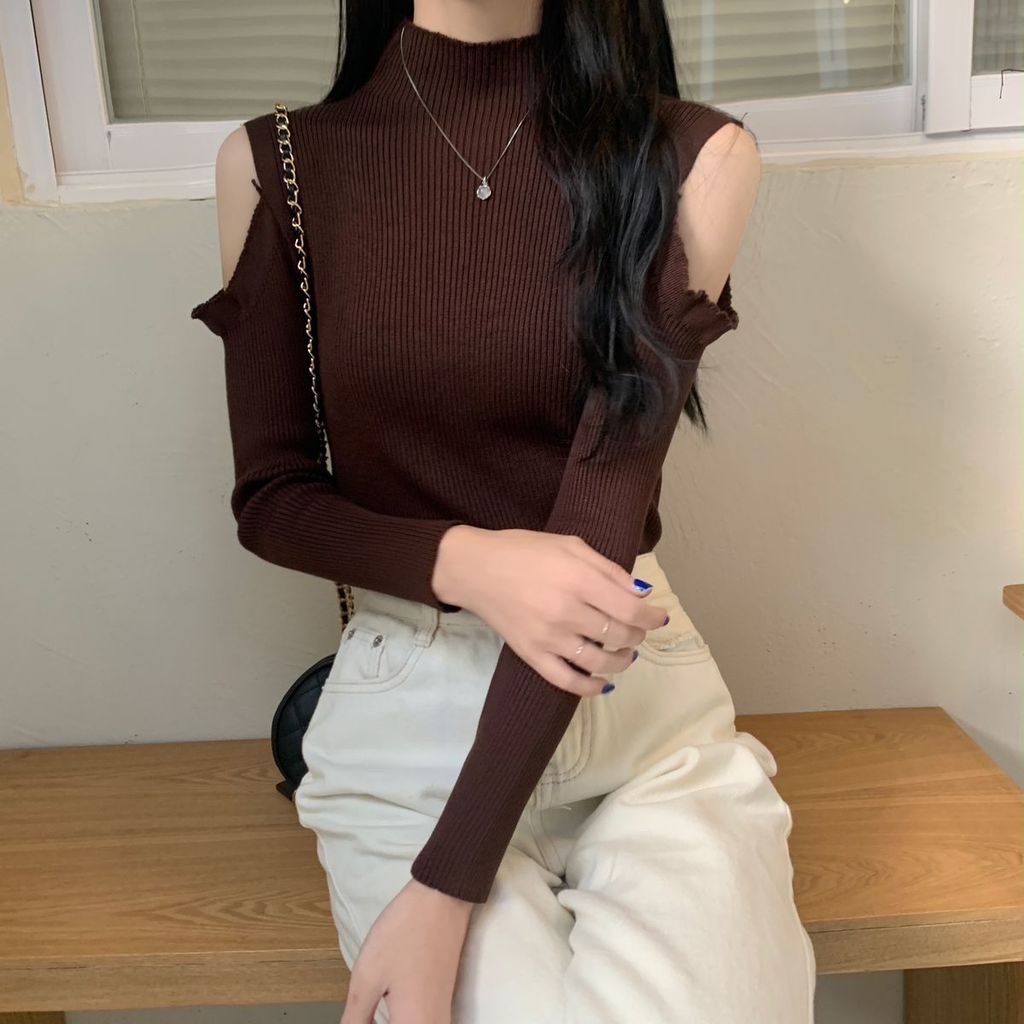 Áo Len Tay Dài Cổ Cao Hở Vai Thời Trang Cho Nữ