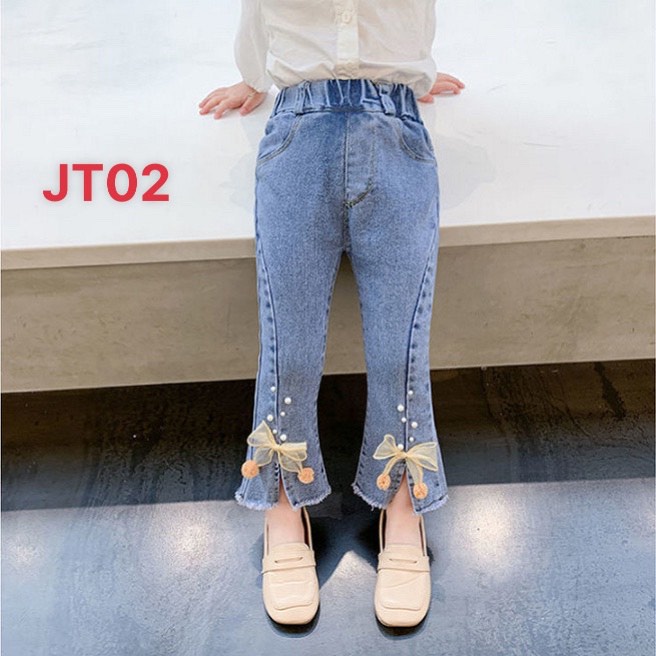 Quần Jeans  JT02 size đại 10-35kg thời trang ống loe gắn nơ xinh xắn cho bé gái