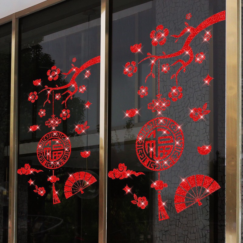 Decal trang trí tết - Cành Mai đỏ quạt Xòe nhũ kim tuyến đỏ