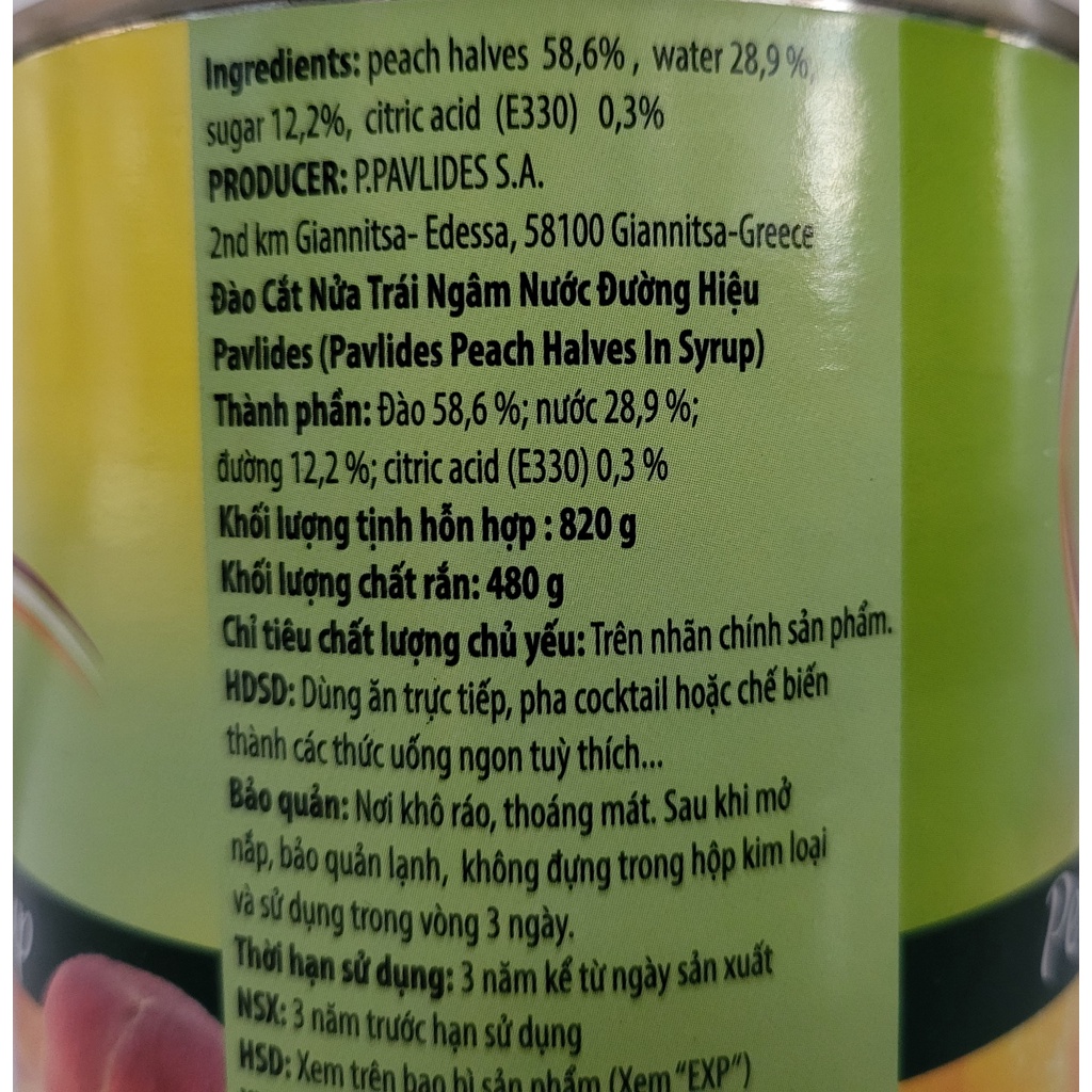 [Hộp 820g] ĐÀO NGÂM ĐƯỜNG [Greece] PAVLIDES Peach Halves in Syrup (ttdt)