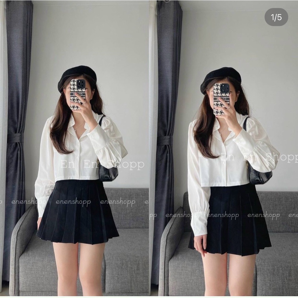 Áo sơ mi nữ dáng lửng tay bồng kiểu dáng basic, áo croptop trắng sơmi