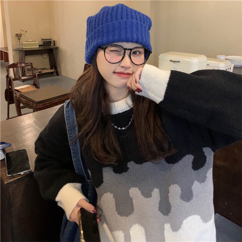 Áo Sweater Dệt Kim Dáng Rộng Cổ Tròn Phối Màu Hàng Mới Cho Nữ