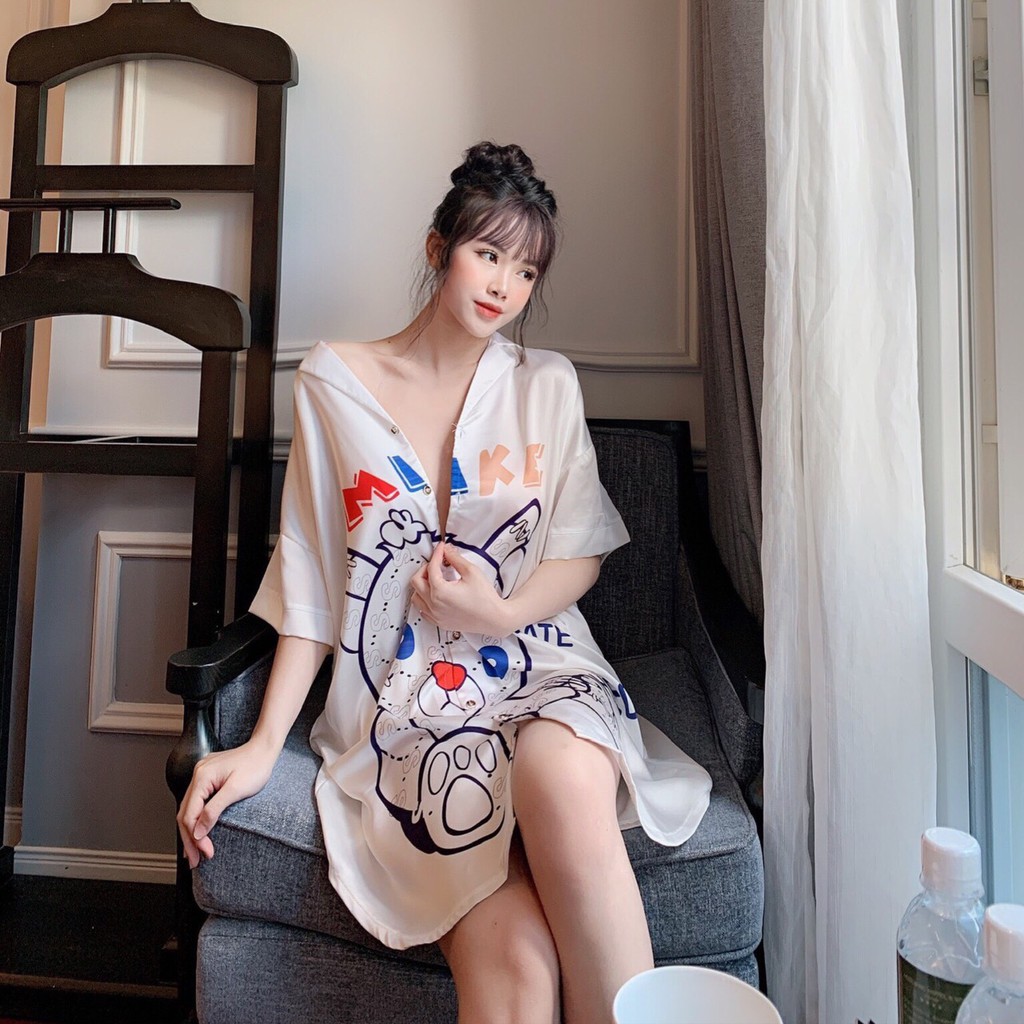 Váy Ngủ Dáng Sơmi Cực Xinh Chất Liệu Lụa Satin Mềm Mịn Phom 45-60kg | BigBuy360 - bigbuy360.vn