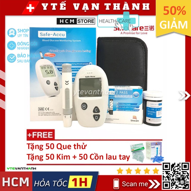 Máy Đo Đường Huyết Sinocare Safe-Accu (+ 50 Que, 50 Kim, Cồn) (miligam) -VT0560