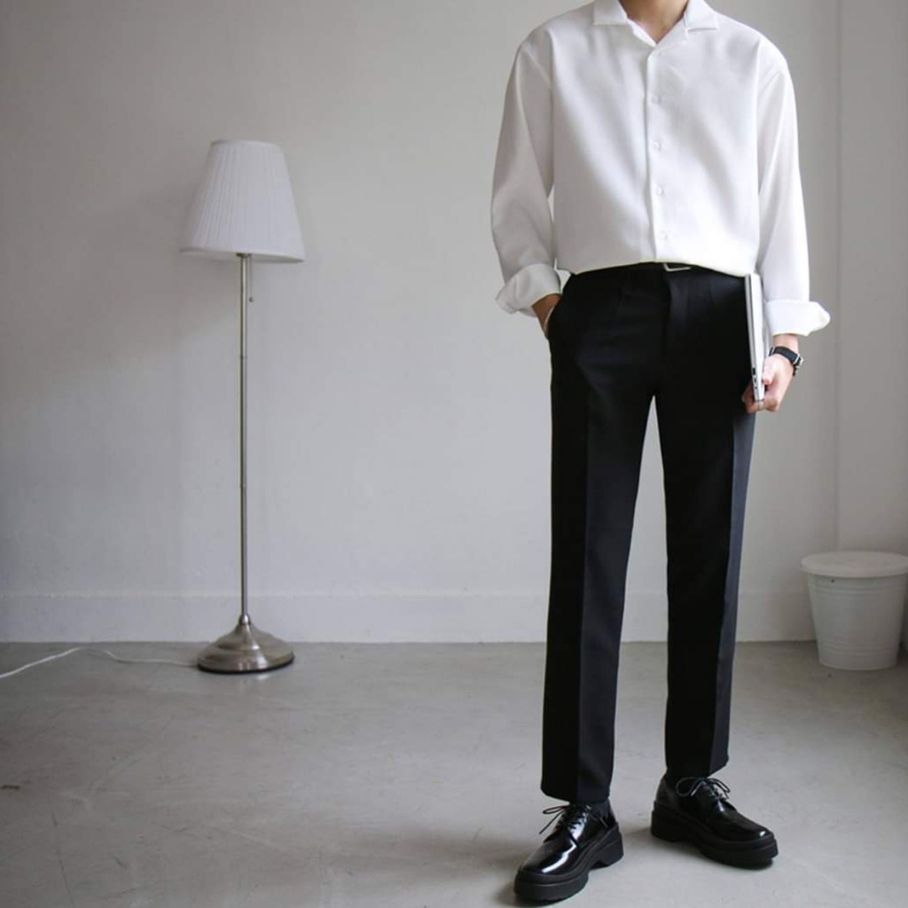 Áo sơ mi form rộng cổ vest tay dài dáng Unisex cả nam nữ Premium (đen, trắng) vải lụa học sinh - JS0102