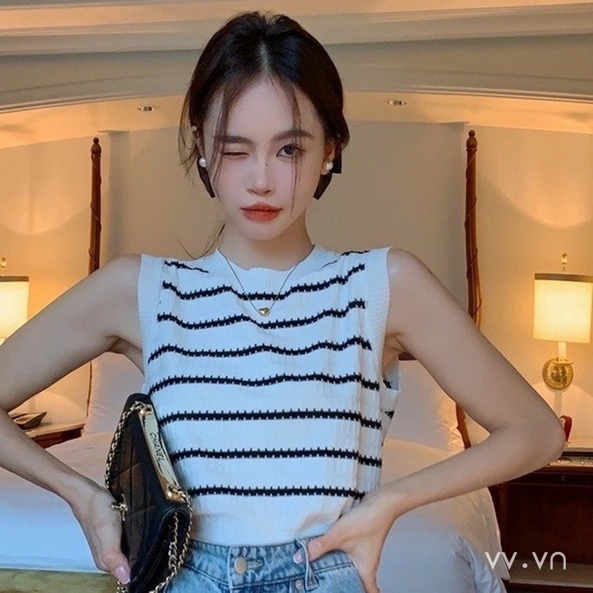Áo Dệt Kim Sát Nách Dáng Ôm Họa Tiết Kẻ Sọc Thời Trang Hàn Quốc Cho Nữ