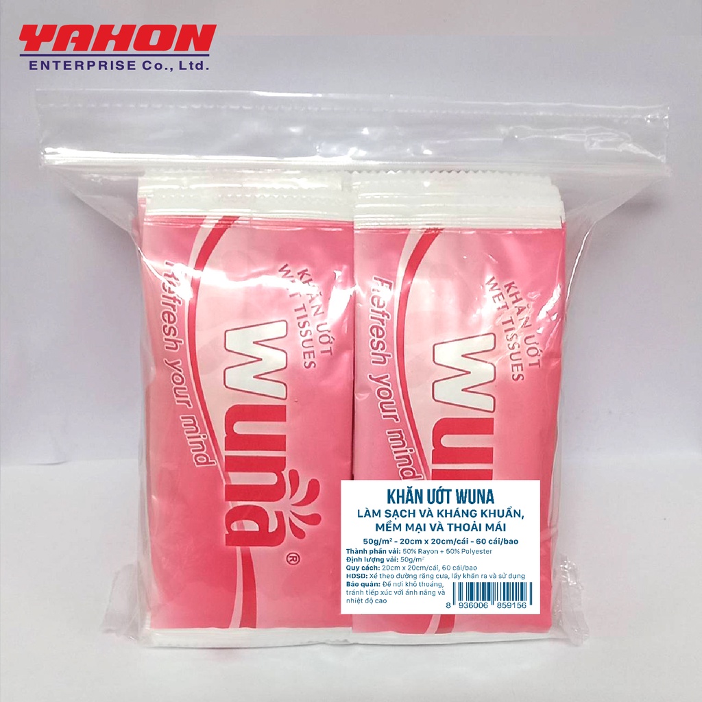 Lốc 60 Khăn Ướt Đơn Wuna Làm Sạch Kháng Khuẩn 50 gram 20*20cm