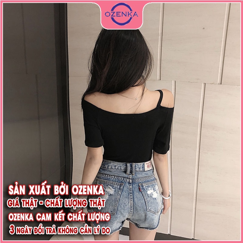 Áo croptop nữ trễ vai rút dây tay ngắn OZENKA , áo thun crt ôm body kiểu hàn quốc màu đen trắng gợi cảm dưới 50 cân