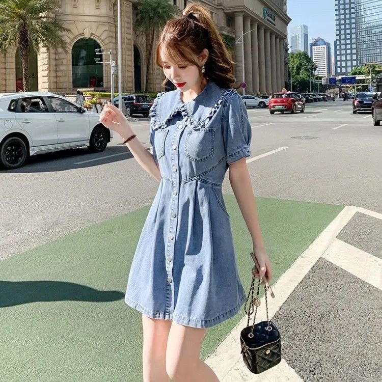 Đầm Denim Dáng Chữ a Tay Ngắn Cổ Búp Bê Phong Cách Phương Tây Thời Trang Mới 2022