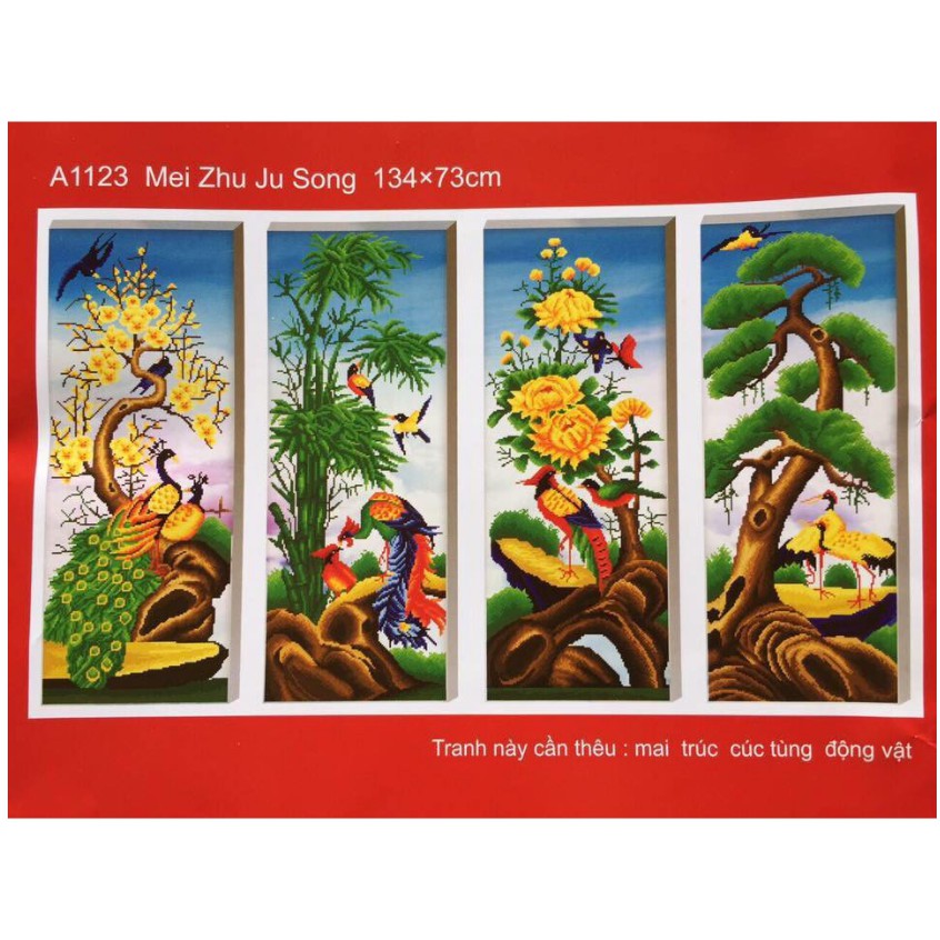 Tranh Thêu Chữ Thập TỨ QUÝ TÙNG CÚC TRÚC MAI. Kích Thước: 1m34 x 73cm