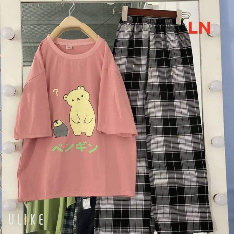 Sét Đồ Bộ Nữ Xinh Cute Quần Caro Kate Ống Rộng Phối Áo Thun Nữ Form Rộng Tay Lỡ Thời Trang Trẻ Teen Hàn Quốc (NHIỀU MẪU)