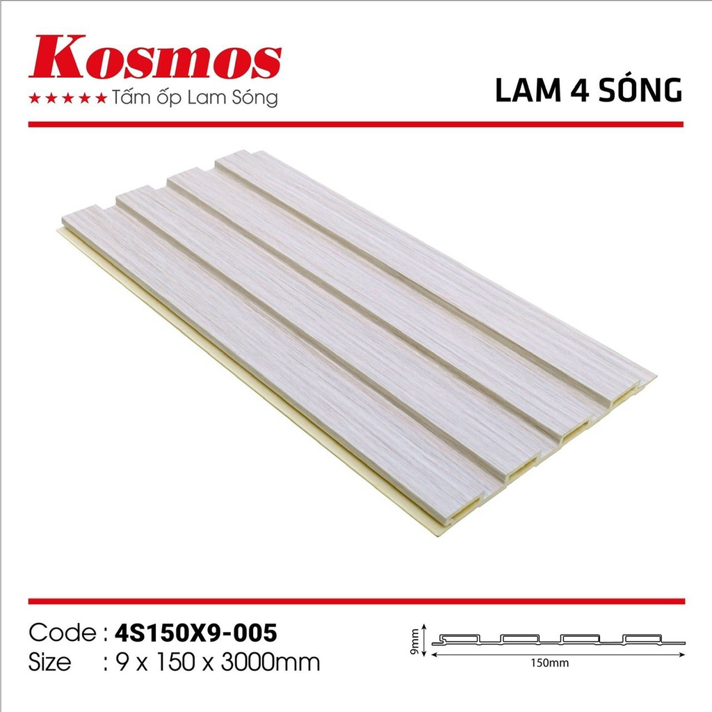 Lam 4 sóng nhỏ Kosmos, lam sóng trong nhà nhựa nguyên sinh PVC, kt 150x9x3000mm
