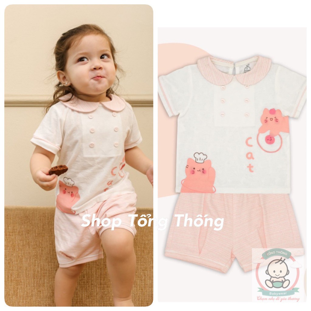 Bộ La Pomme Cotton cao cấp mềm mịn thoáng mát nhẹ da cộc tay cổ cánh hoa in mèo đầu bếp đáng yêu cho bé gái SS204