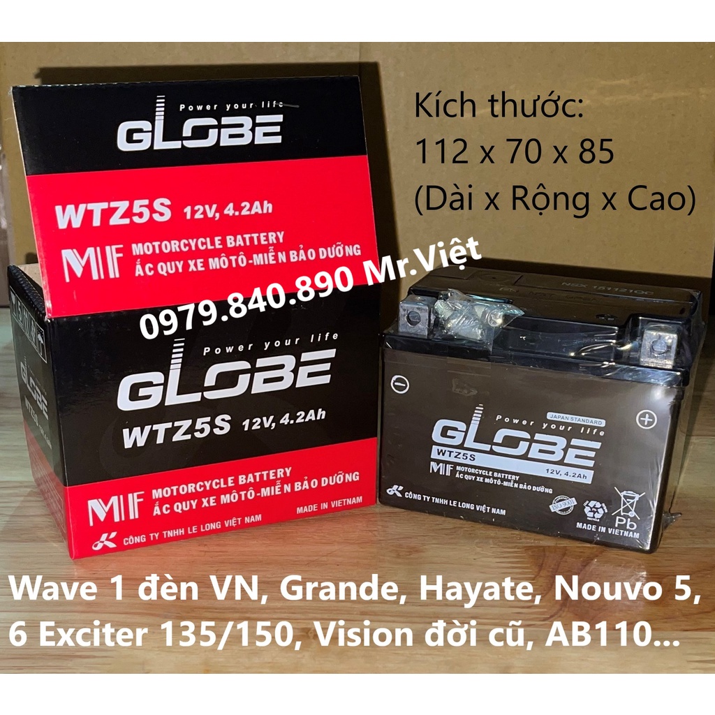 Bình Ắc Quy Khô Globe WTZ5S ( 12v4.2Ah ) - KT (mm) : 112 x 70 x 85 ( Dài x Rộng x Cao )