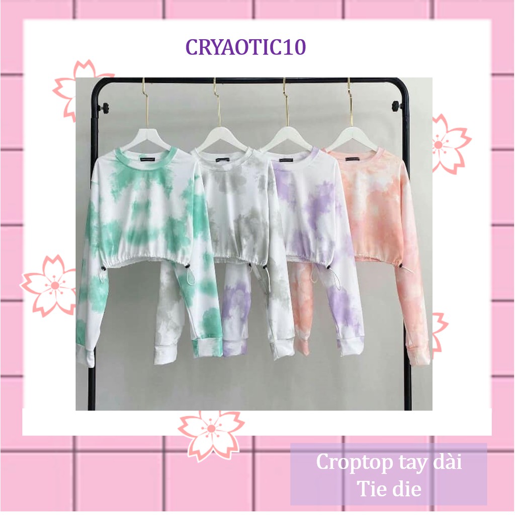 Áo croptop tay dài loang màu dây rút ở eo