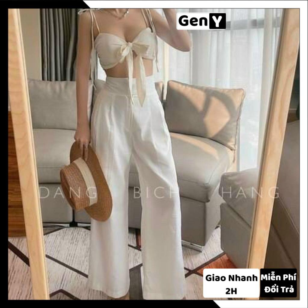 Sét Áo 2s Cúp Ngực Thắt Nơ Trước GenY Kèm Quần Suông Ống Rộng Cạp Cao Siêu Sang Xinh Xịn Mịn