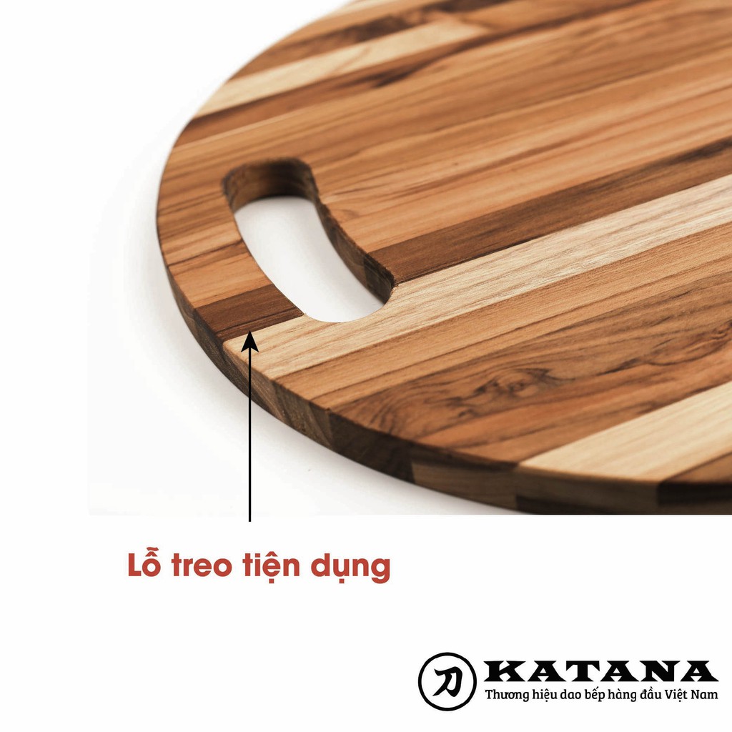 Thớt gỗ teak KATANA hình tròn TKTL01 có tay cầm, đường kính 25cm/35cm