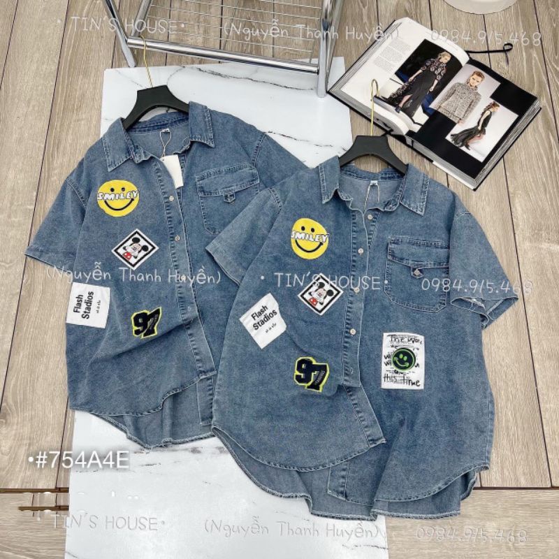 ÁO SƠ MI JEANS NỮ TAY NGẮN HÀN QUỐC SƠ MI BÒ LOGO DÁNG RỘNG CÓ TÚI JEANS MỀM CAO CẤP THỜI TRANG CÔNG SỞ ĐI HỌC BEBEDOLL