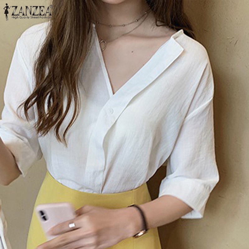Zanzea Áo Sơ Mi Tay Lửng Cổ Chữ V Màu Trơn Thời Trang Dành Cho Nữ