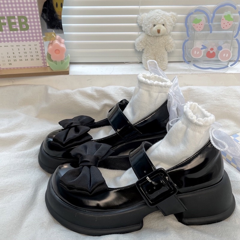 Giày lolita nữ độn đế cao gắn nơ đen,Giày da ulzzang nữ phong cách Hàn Quốc LT76