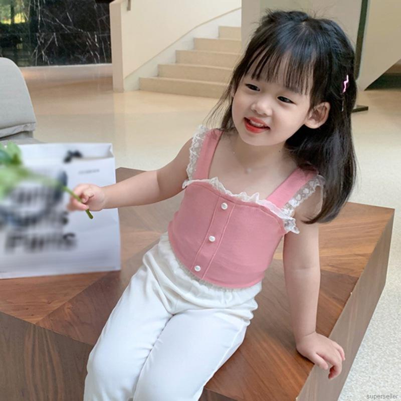 Áo hai dây vải cotton phối ren ngọt ngào phong cách hè cho bé gái