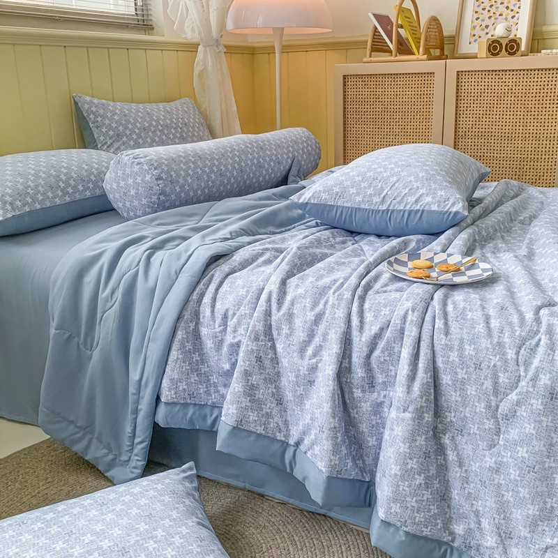 Bộ chăn ga cotton đũi họa tiết 5 món, mềm mịn chăn hè ga giường vỏ ôm vỏ gối