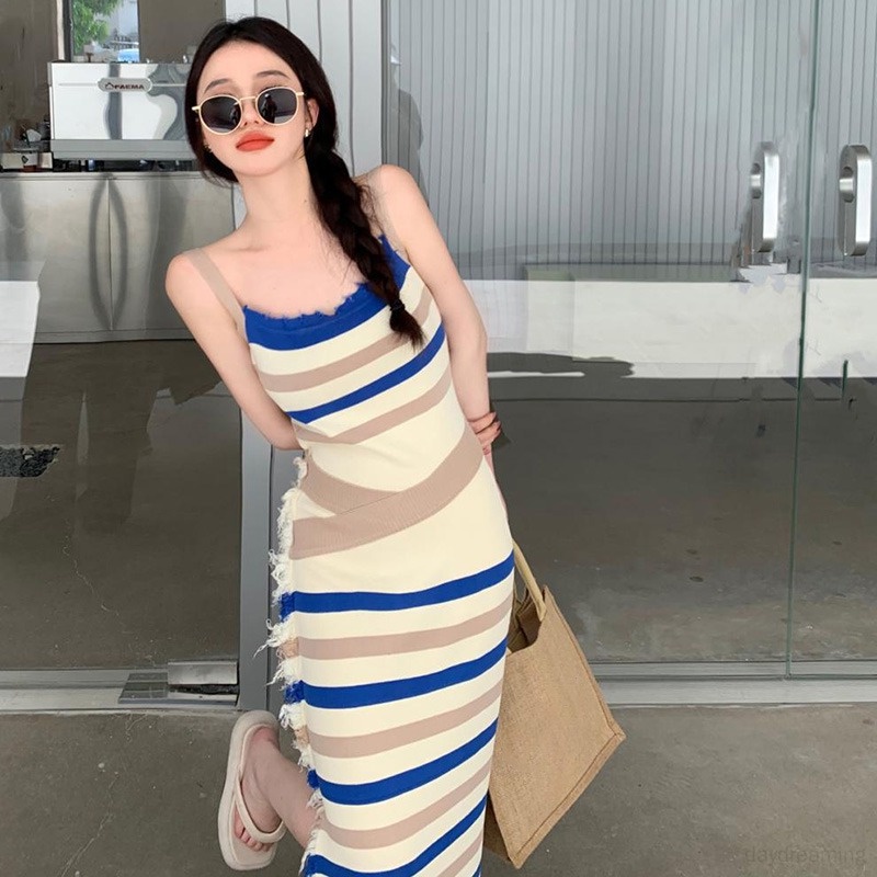 Váy Đầm Maxi Dệt Kim Dáng Chữ A Xẻ Tà Họa Tiết Kẻ Sọc Thời Trang Quyến Rũ Cho Nữ