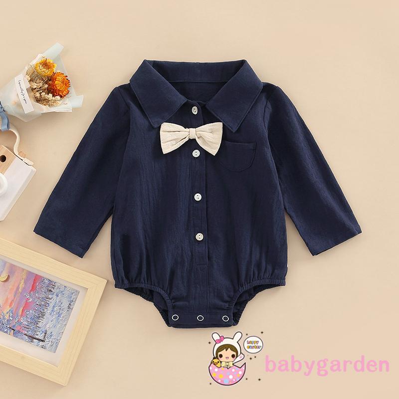 Bộ Áo Liền Quần Tay Dài Màu Trơn Cài Nút Thắt Nơ Dành Cho Bé Trai 0-18 Tháng Tuổi