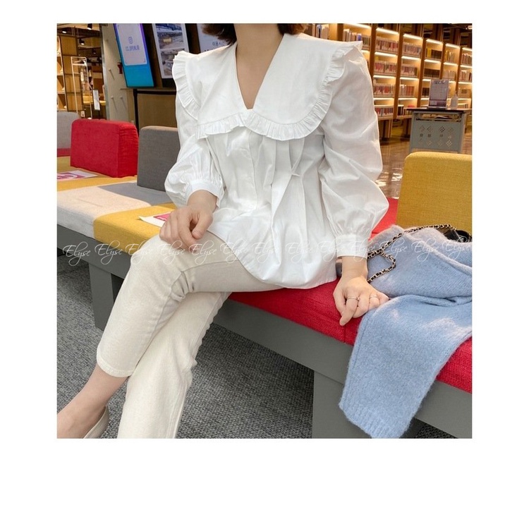 Áo sơ mi trắng nữ cổ bèo tay phồng dáng rộng siêu xinh
