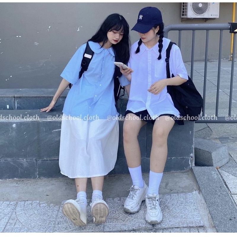[Ảnh thật/Sẵn]Áo sơmi CỔ SEN học sinh form oversize