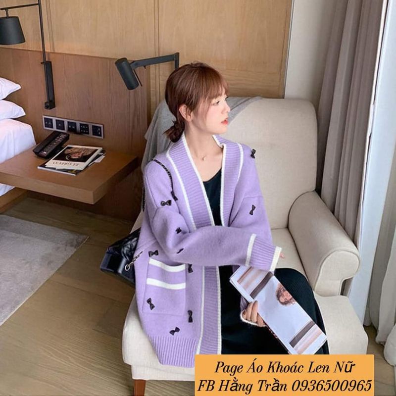 Áo khoác len cardigan nữ viền len mịn phối nơ.
