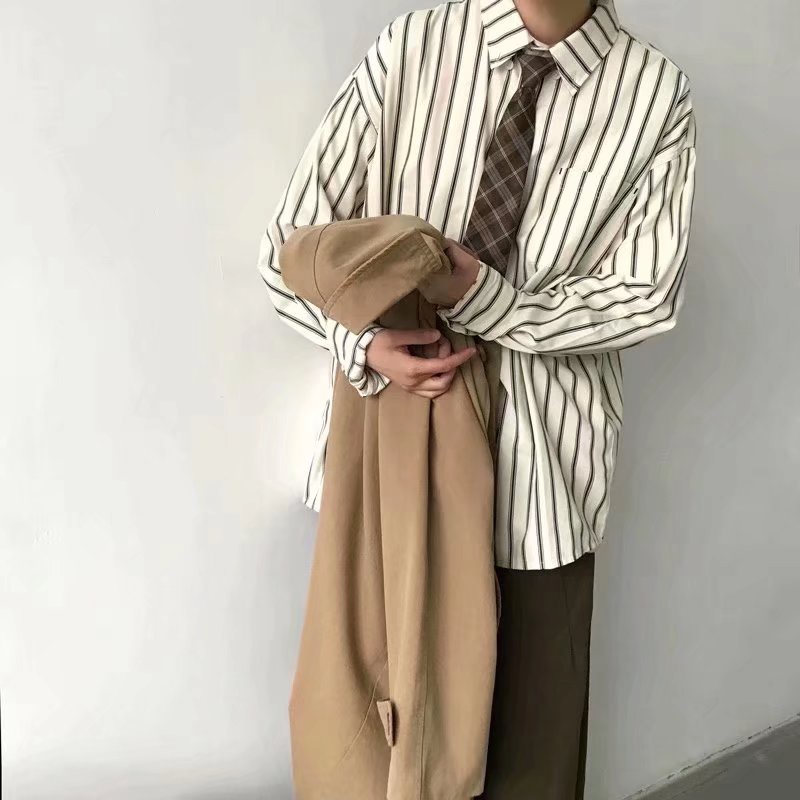 Áo Sơ Mi Tay Dài Dáng Rộng Họa Tiết Kẻ Sọc Phong Cách Hàn Quốc Thời Trang Cao Cấp Cho Nam