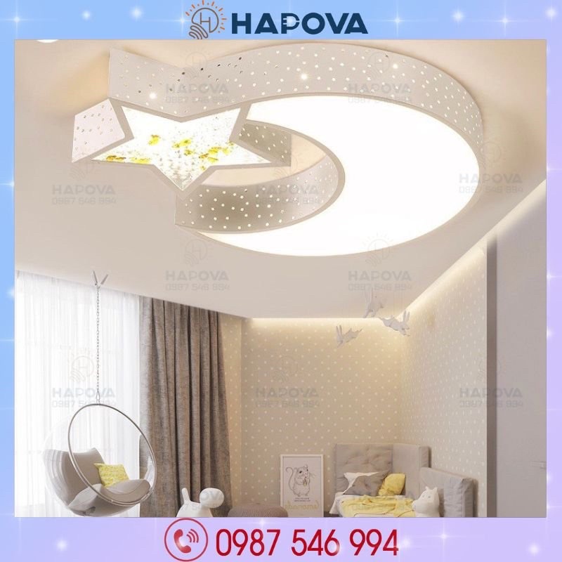 Đèn ốp trần phòng khách, phòng ngủ hình trăng sao HAPOVA GABI 8324 + Tặng kèm Khiển