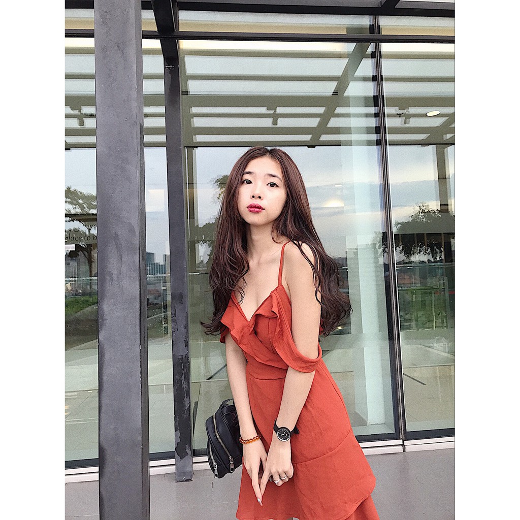 Đầm 2 dây bèo rớt vai - trơn