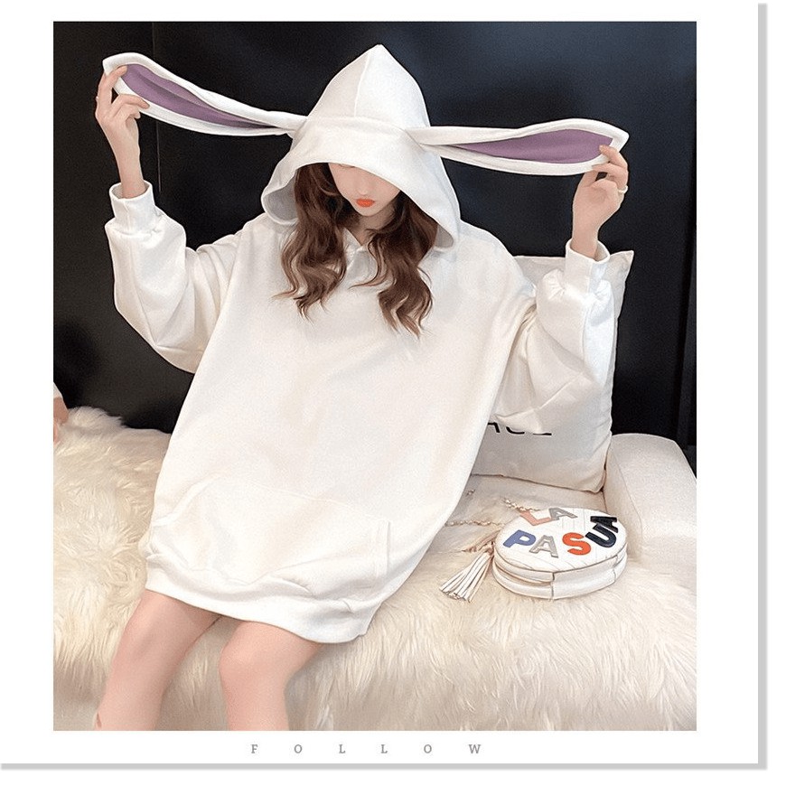 Áo hoodie nữ tai thỏ form rộng dài phủ mông 4young mall