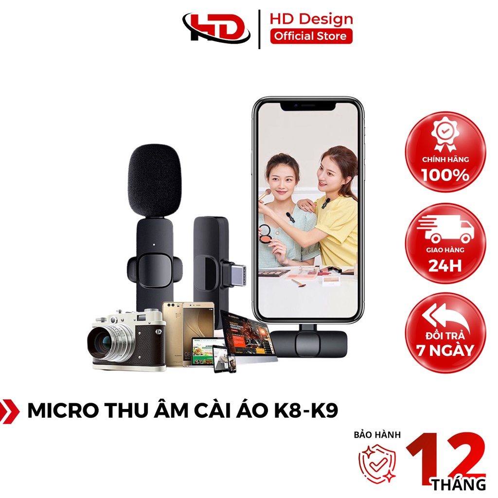 Micro Không Dây Cài Áo K9 - Khử Tiếng Ồn Cao Cấp Khoảng Cách 20m- Chính Hãng HD DESIGN