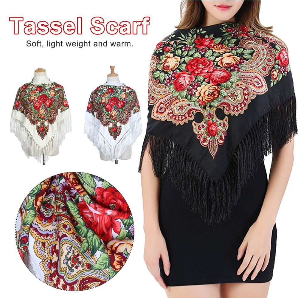 Khăn choàng cổ hình vuông bằng cotton phối tua rua phong cách Nga cổ điển thời trang dành cho nữ