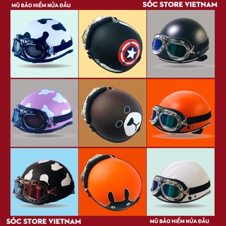 Mũ bảo hiểm nửa đầu 1 2 kính phi công Sóc Store, nón bảo hiểm 1 2 kèm kính UV freesize