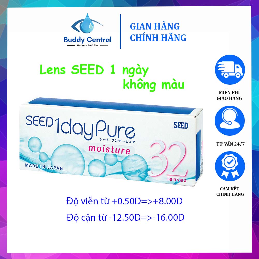 Hộp 32 lens kính áp tròng SEED 1 ngày 1 day Pure moisture không màu viễn thị và độ cận lớn từ -12.5