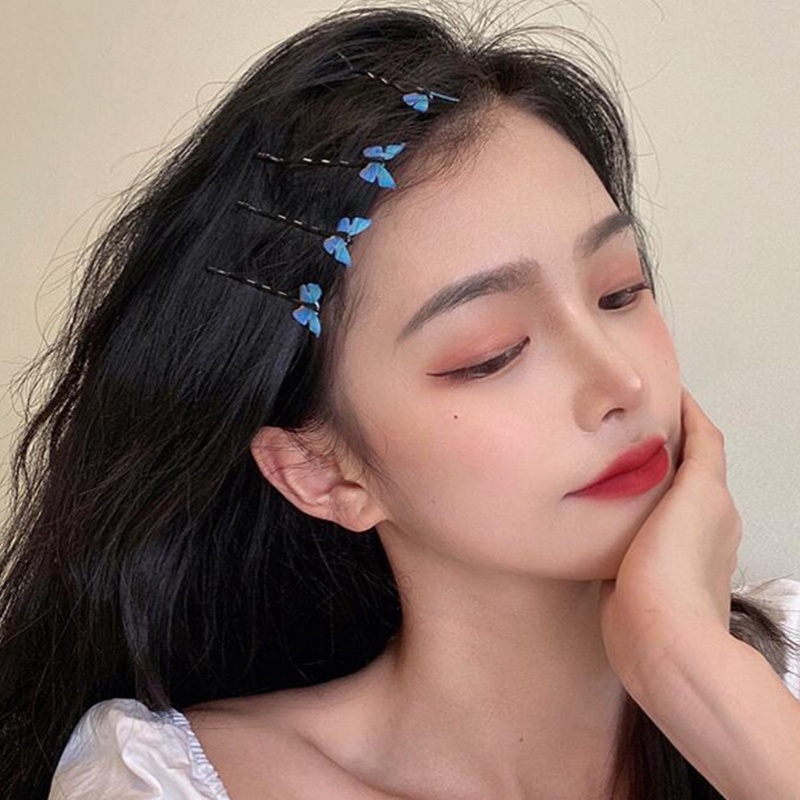 Set 4 Kẹp Tóc Kim Loại Hình Bướm Màu Xanh Dương Phong Cách Hàn Quốc Cho Nữ