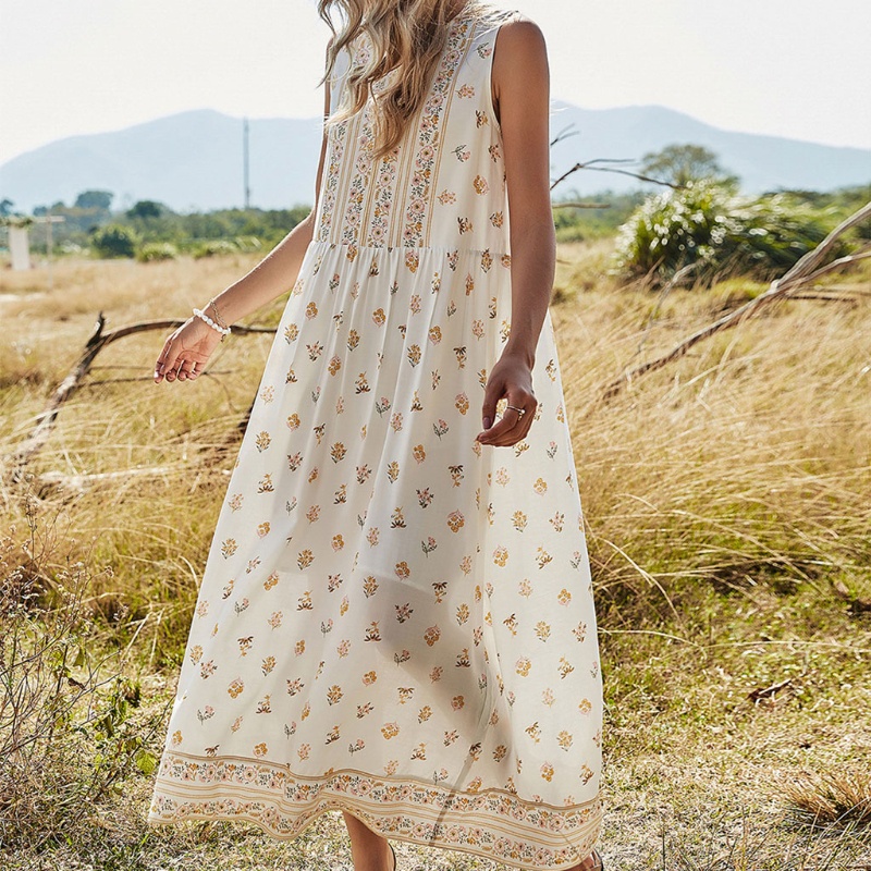 Đầm Dài Cổ Tròn Không Tay Lưng Cao In Họa Tiết Thời Trang Mùa Hè Cho Nữ