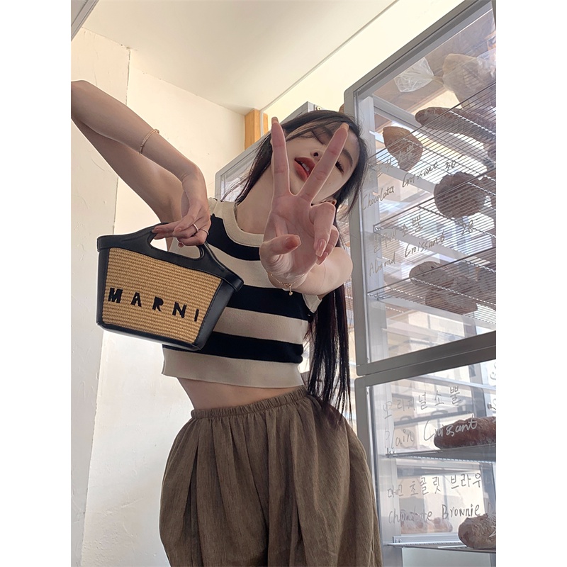 Áo Dệt Kim Sát Nách Dáng Ôm Cổ Tròn Kẻ Sọc Thời Trang Cho Nữ