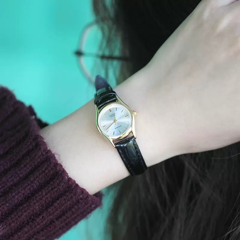 Đồng hồ nữ Casio LTP-1094Q-7A, đồng hồ chính hãng, dây da đen mặt ánh vàng, viền vàng