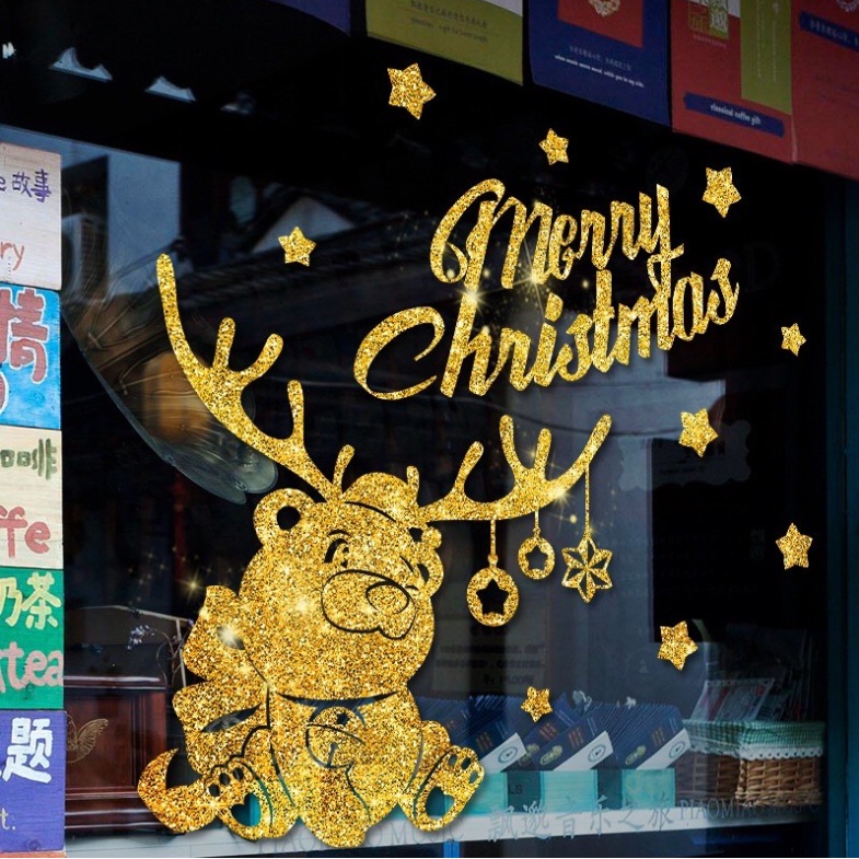 Decal trang trí Noel - tuần lộc nhũ kim tuyến vàng