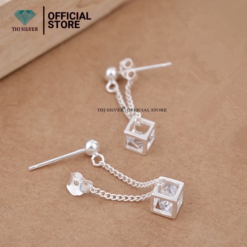 Bông tai nữ THJ - Bông tai treo lập phương chuẩn bạc ta