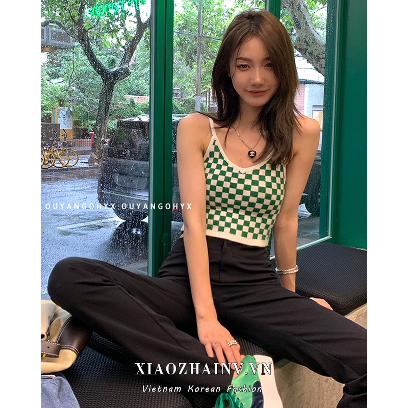  Xiaozhainv Áo Croptop Nữ Dệt Kim Không Tay Cổ V Họa Tiết Kẻ Ô Caro Thời Trang Hàn Quốc | BigBuy360 - bigbuy360.vn