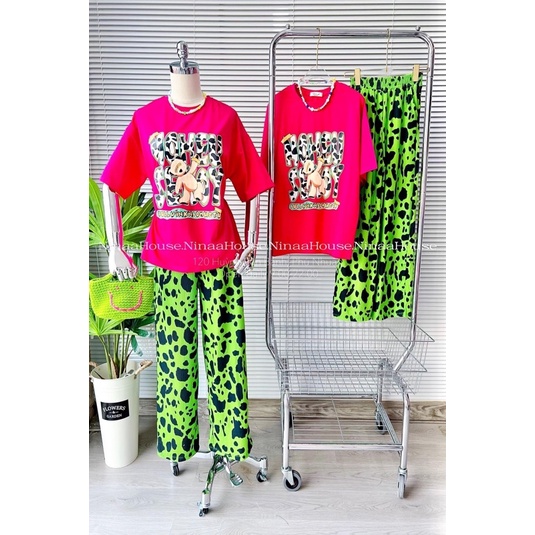 Set áo cotton hồng quần suông xanh beo H3