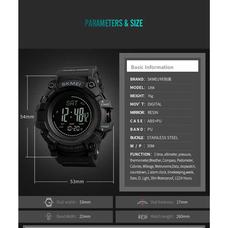 Đồng Hồ Điện Tử Thể Thao SKMEI 1358 Có La Bàn Và Màn Hình LED Hiển Thị Nhiệt Độ Calories Dành Cho Nam